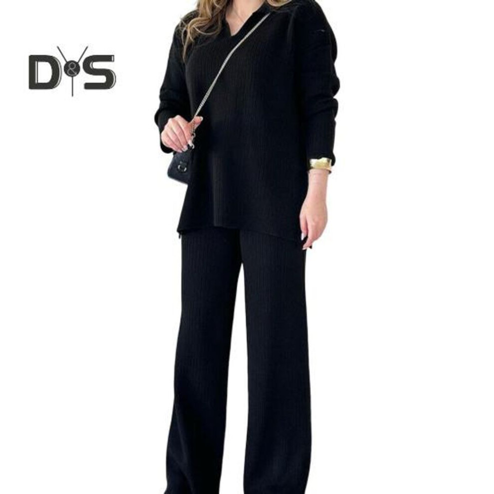 (black, XXL) 2 Pcs/Set Women Knitted Outfit V Neck Long Sleeves Top High Waist Wide Leg Trousers Thread Home Casual Clothes Pajamas Set Fall Winter Tracksuit Set