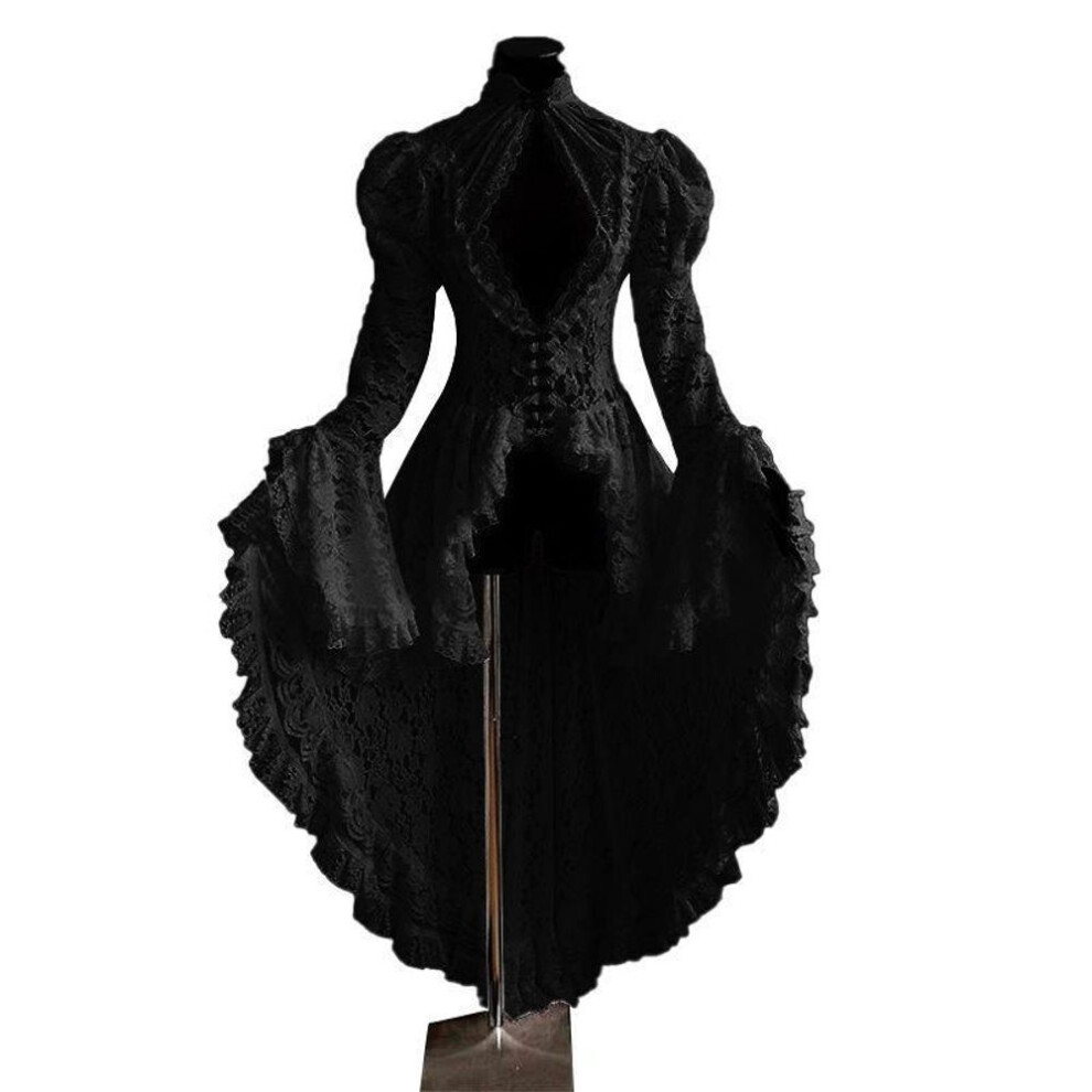 (black, XL) European & American Retro Palace Style Lace Dress with Stand Collar & Trumpet Sleeves