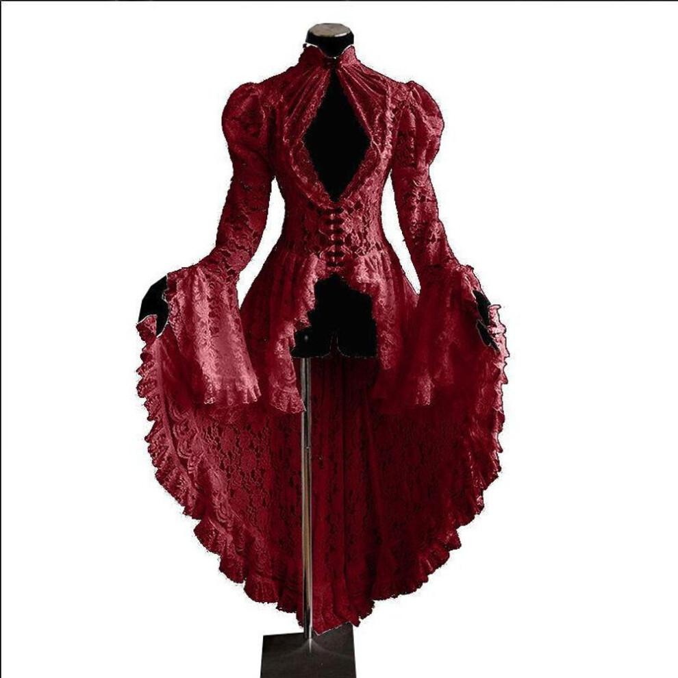 (wine red, XXXL) European & American Retro Palace Style Lace Dress with Stand Collar & Trumpet Sleeves