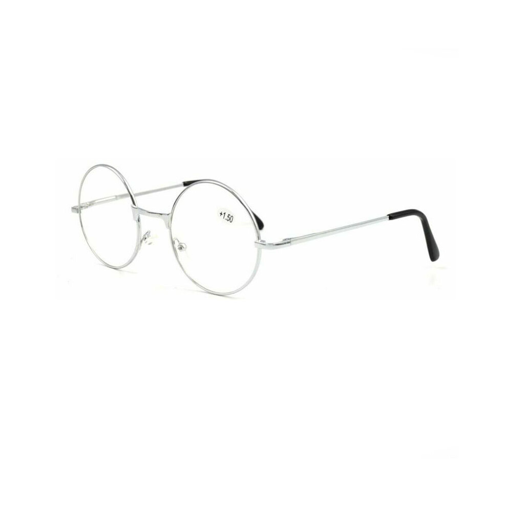 (Silver, +3.75) Mens Womens Classic Round Reading Glasses Vintage Metal Readers +1.0 ~ 4.0