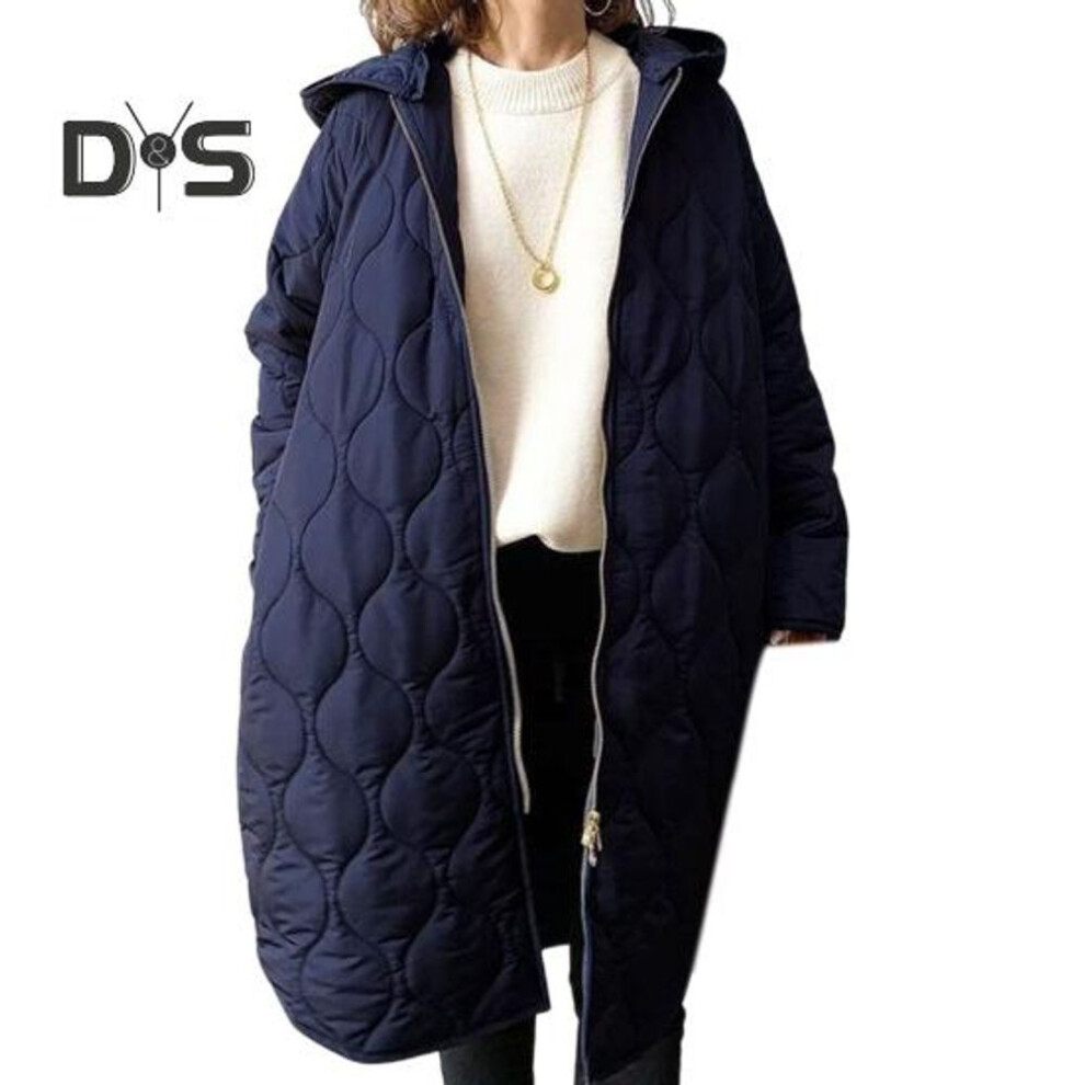 (navy blue) Fall Winter Women Jacket Hooded Zip-up Rhombus Texture Thin Padded Long Sleeves Mid Length Loose Work School Daily Coat