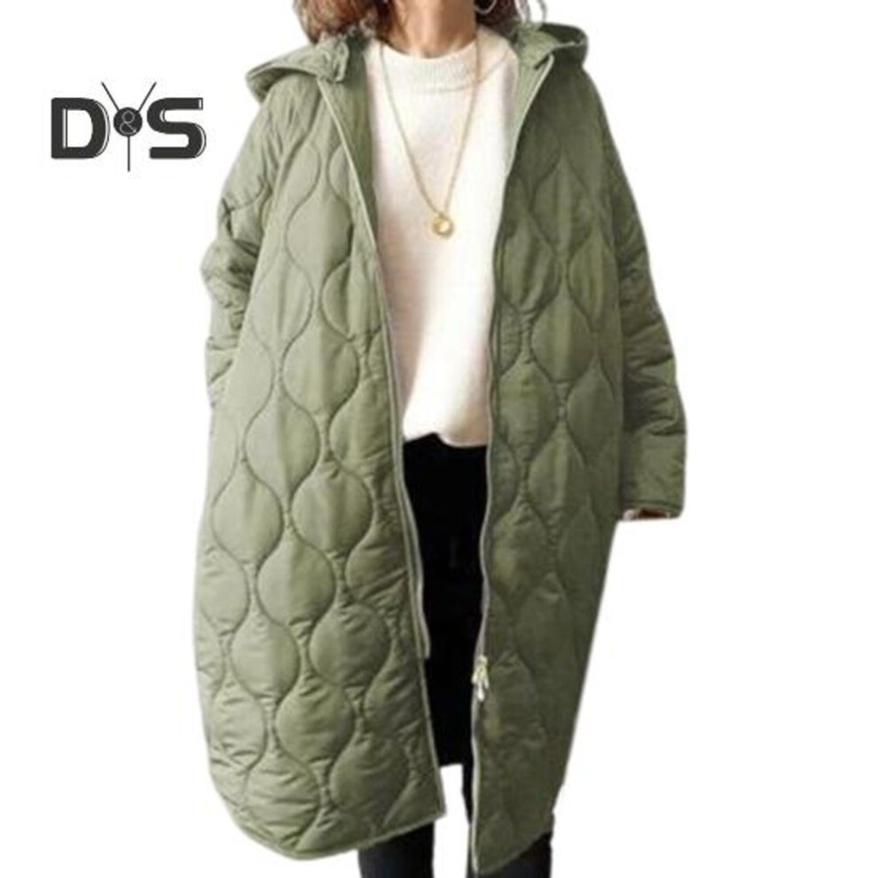 (army green) Fall Winter Women Jacket Hooded Zip-up Rhombus Texture Thin Padded Long Sleeves Mid Length Loose Work School Daily Coat