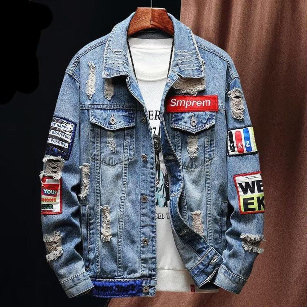 (blue, L) Men's Trendy Embroidered Denim Jacket - Stylish Spring & Autumn Workwear Jacket