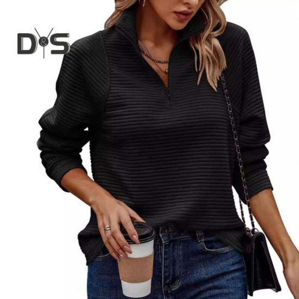 (S, black) Women Fall Spring Sweatshirt Zippered Stand Collar Long Sleeves Solid Color Patchwork Loose Pullover Sport Daily Wear Top