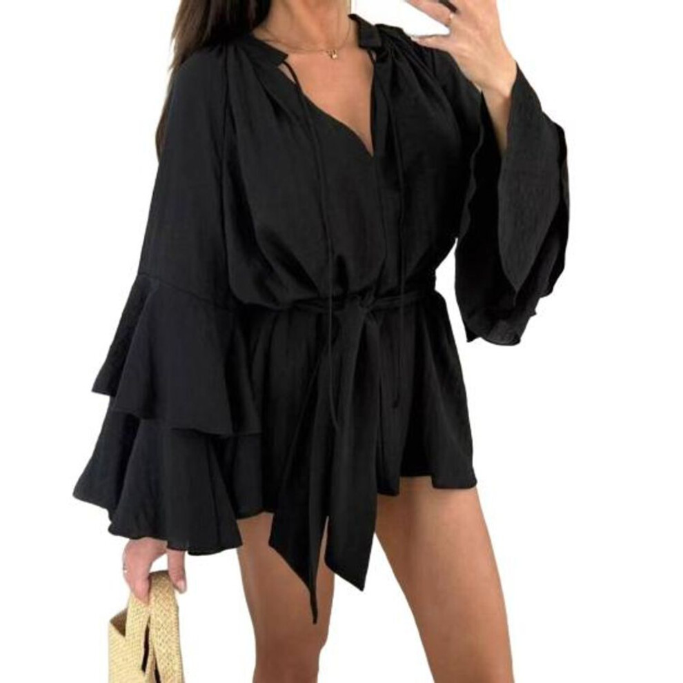 (black, L) Women's Summer Shirt Dress Ruffed Long Sleeve V Neck Short Dress Chiffon A-Line Tie Waist Flowy Mini Dress