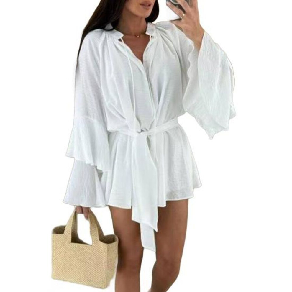 (white, XXL) Women's Summer Shirt Dress Ruffed Long Sleeve V Neck Short Dress Chiffon A-Line Tie Waist Flowy Mini Dress
