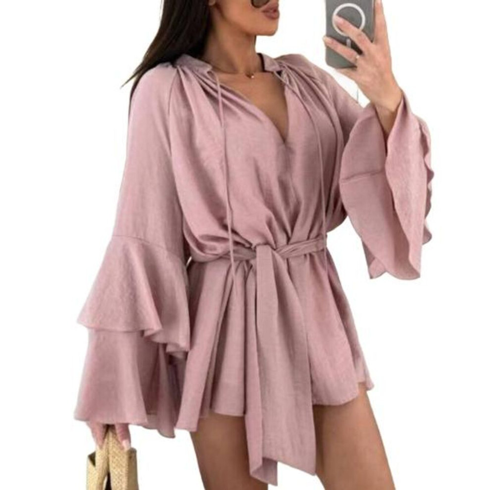(pink, L) Women's Summer Shirt Dress Ruffed Long Sleeve V Neck Short Dress Chiffon A-Line Tie Waist Flowy Mini Dress
