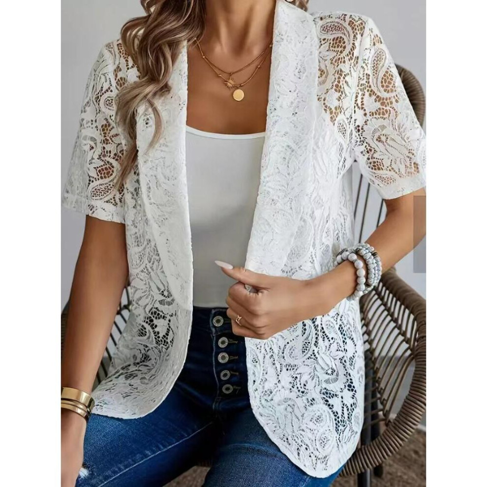 (2XL, white) Summer Women's Beautiful Fashionable Elbow Sleeve Lace Hollow Solid Color Cardigan Short Sleeve Women's Clothing