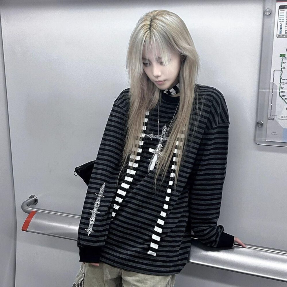 (M, black) Black Gothic Patchwork Stripe Graphic T Shirts Women Clothes Long Sleeve Clothes Y2k T-shirt Tees Female Clothing