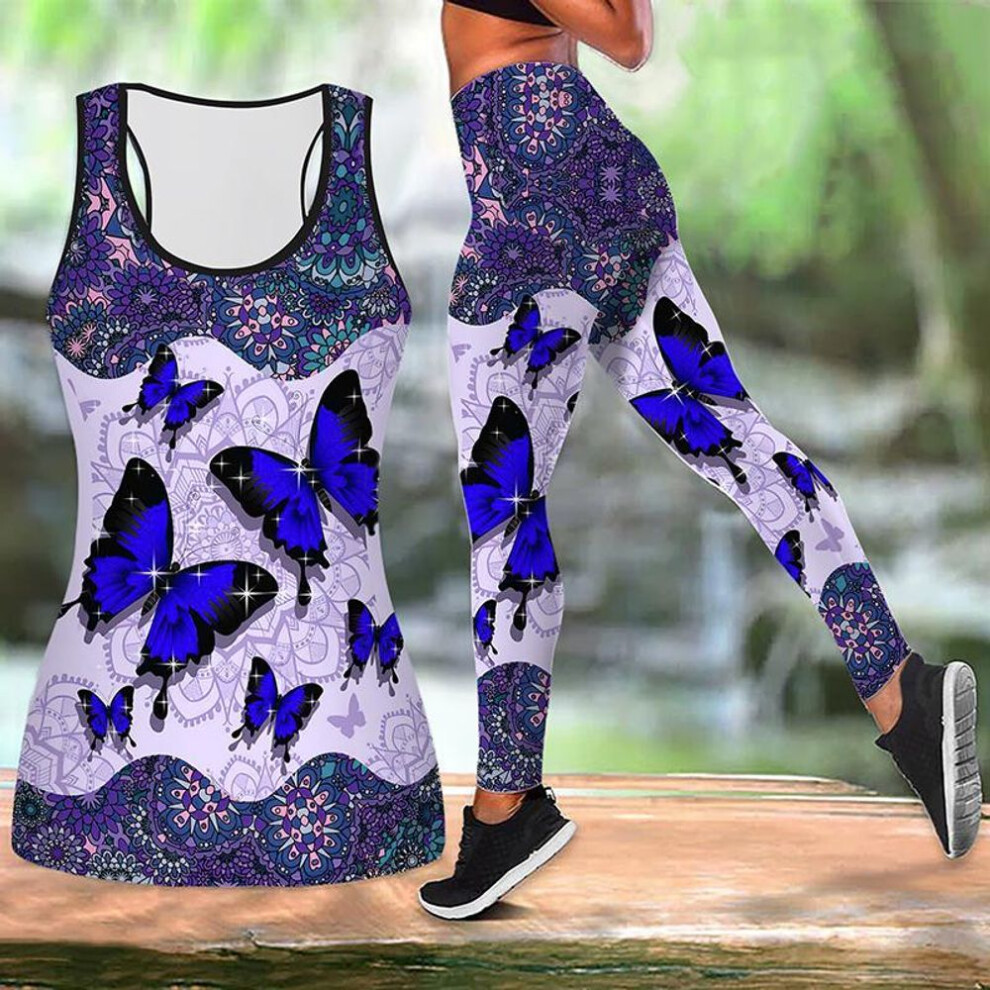 (blue, 2XL) Dancing Butterflies Print Yoga Outfit for Women Fashion Workout Leggings Fitness Sports Casual Yoga Pants