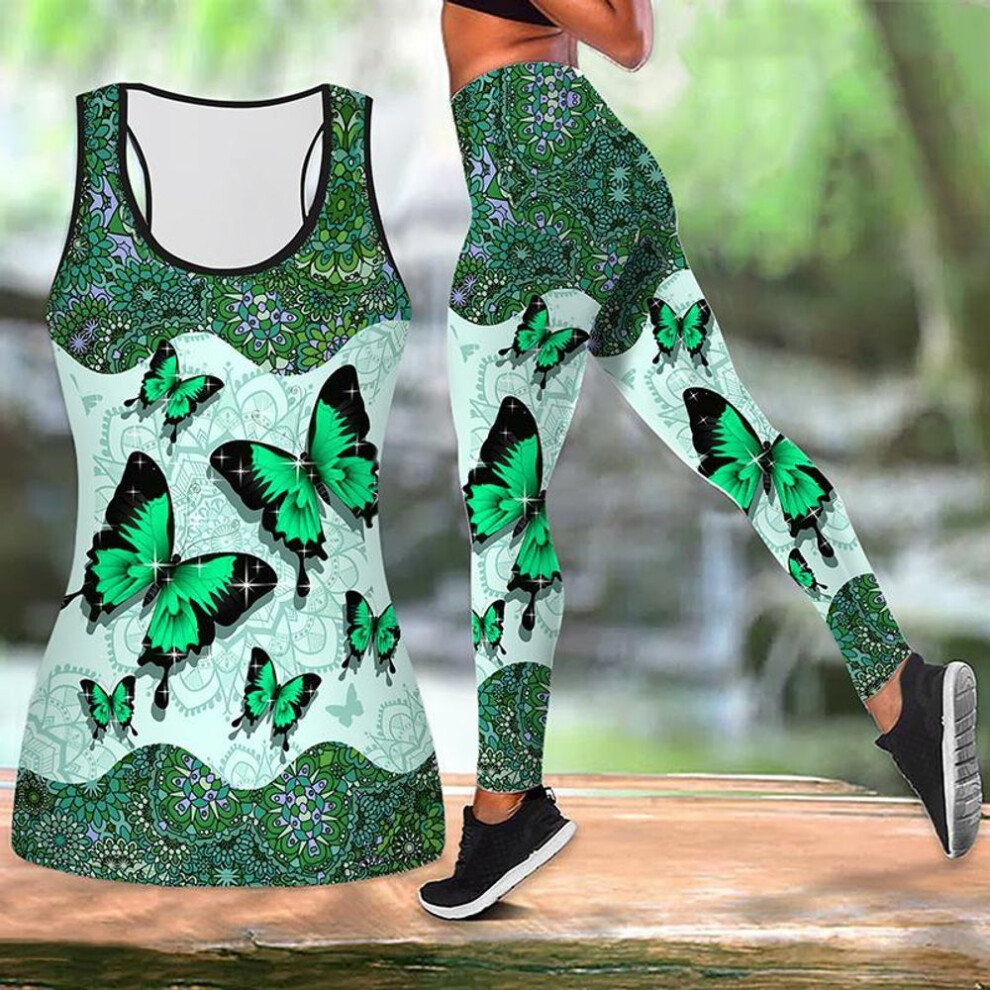 (green, 2XL) Dancing Butterflies Print Yoga Outfit For Women Fashion Workout Leggings Fitness Sports Casual Yoga Pants