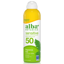Alba Botanica Sensitive Solskyddsspray för Ansikte och Kropp, Doftfri, SPF 50, Vattenresistent, 5 fl. oz.