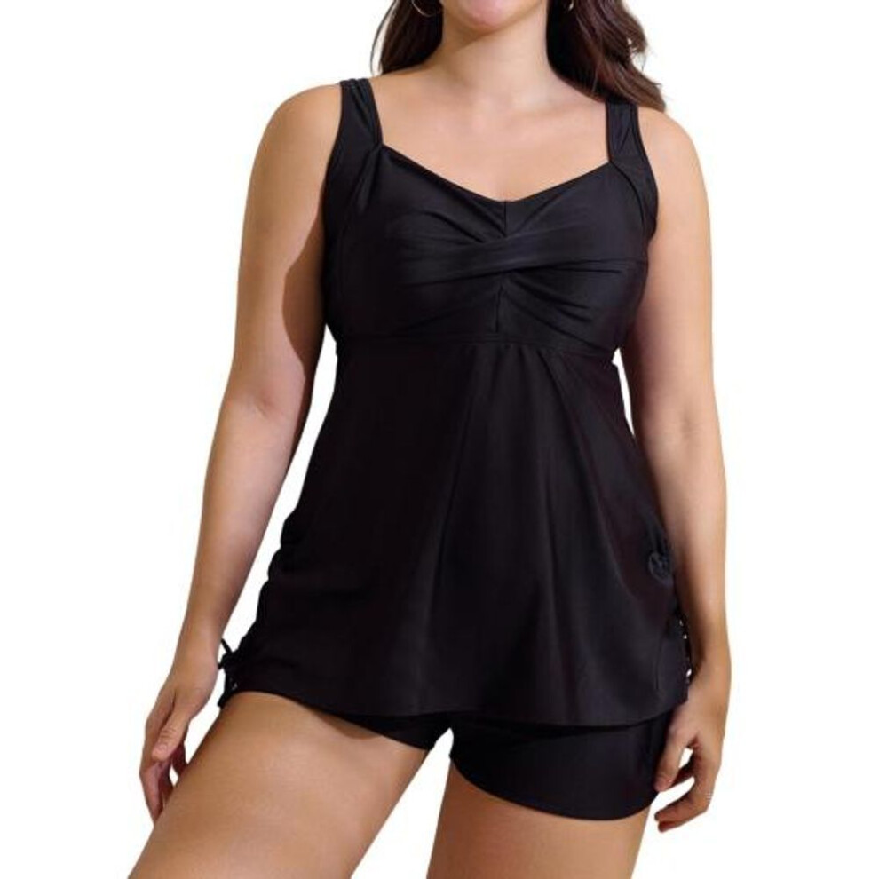 (2XL, black) 2 Pcs/Set Swimsuit Sleeveless Low-cut Elastic High Waist Plus Size Swim Top Floral Print Shorts Set Swimwear Bathing Suit Vacation Water Sports
