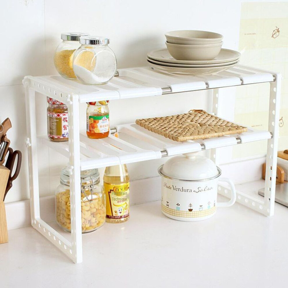 (white, double layer hollow) Retractable Kitchen Sink Rack: Layered Multifunctional Countertop Organizer
