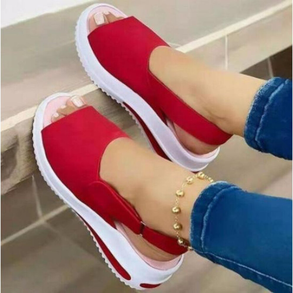 (red, 39) 2022 Women's Velcro Peep-Toe Sandals — Large Size, Thick Sole, Casual Summer Shoes