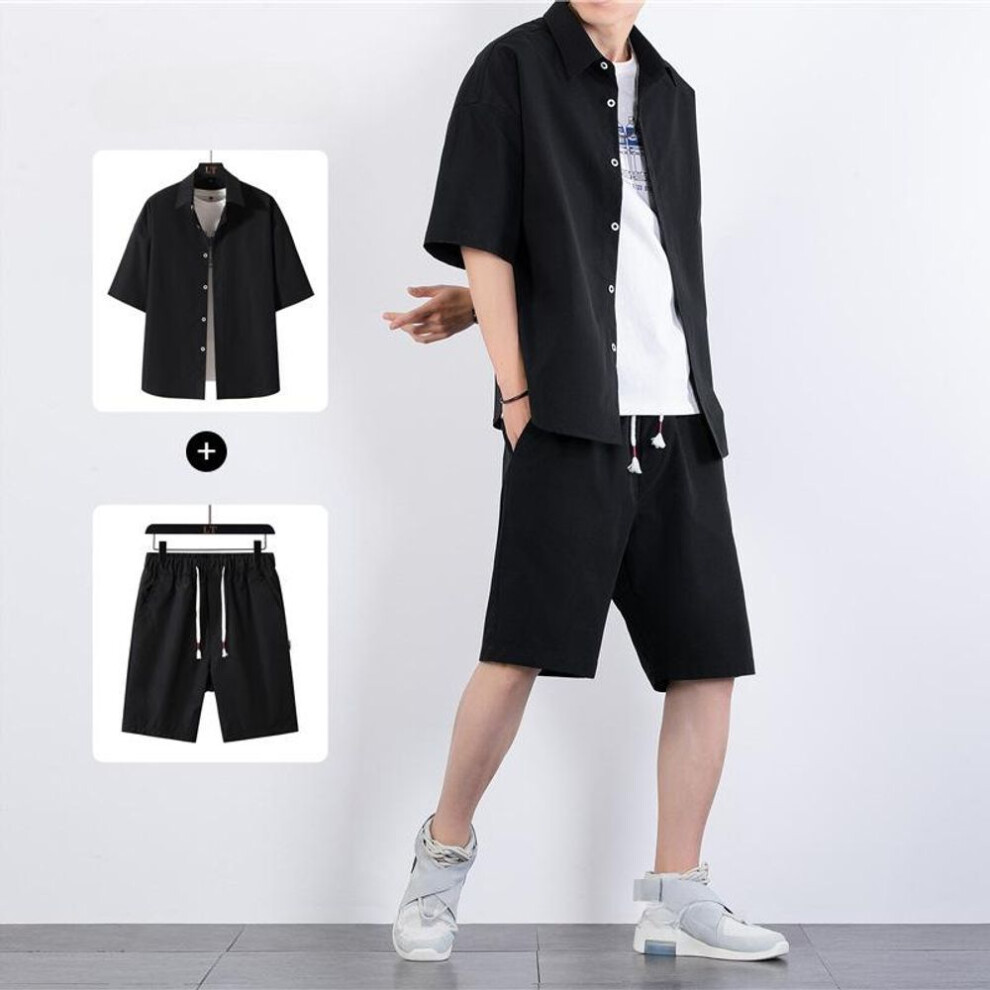 (black, XXL) Men's Casual Suit Summer Thin Fashion Clothes Fashion Korean Style Shorts Short-sleeved Shirt Suit