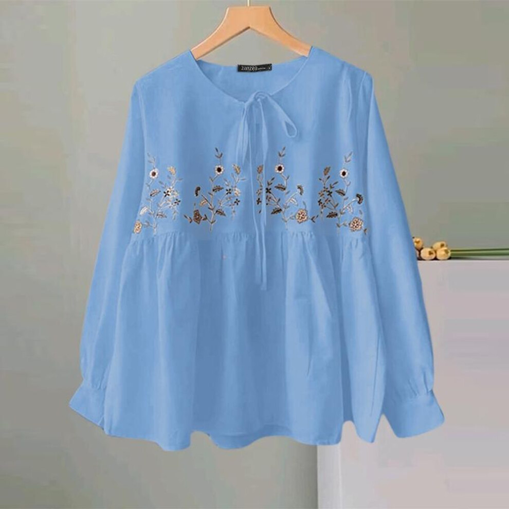 (S, blue) ZANZEA Women Autumn V-Neck Long Sleeve Tie Floral Print Blouses