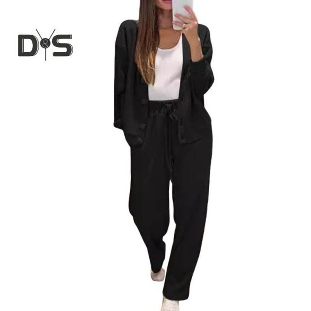 (black, XXL) 2 Pcs/set Women Shirt Pants Set V Neck Single-breasted Long Sleeves Knitted Loose Top Drawstring Elastic Waist Wide Leg Trousers Sport Tracksuit