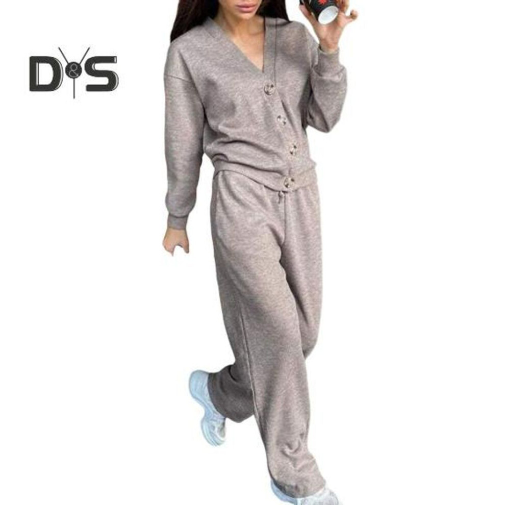 (apricot, XXL) 2 Pcs/Set Women Shirt Pants Set V Neck Single-breasted Long Sleeves Knitted Loose Top Drawstring Elastic Waist Wide Leg Trousers Sport Tracksuit