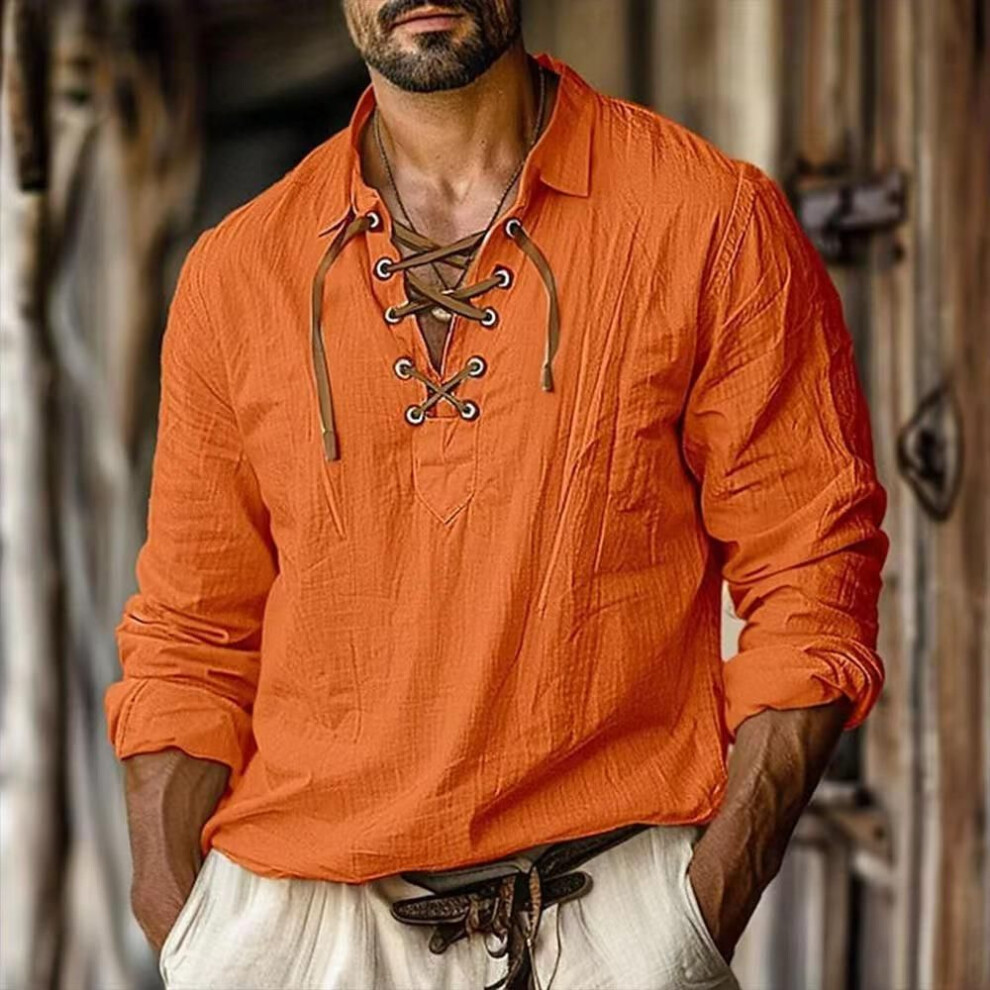 (XXXL, orange) Men's Linen Shirts Long Sleeved Lace Up V Neck Casual Blouse Spring Summer Thin Front Tees Tops Breathable Men Clothing