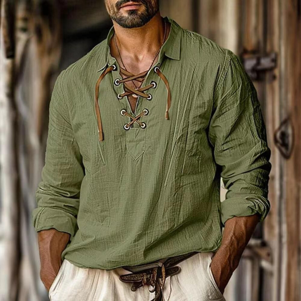(XXL, army green) Men's Linen Shirts Long Sleeved Lace Up V Neck Casual Blouse Spring Summer Thin Front Tees Tops Breathable Men Clothing