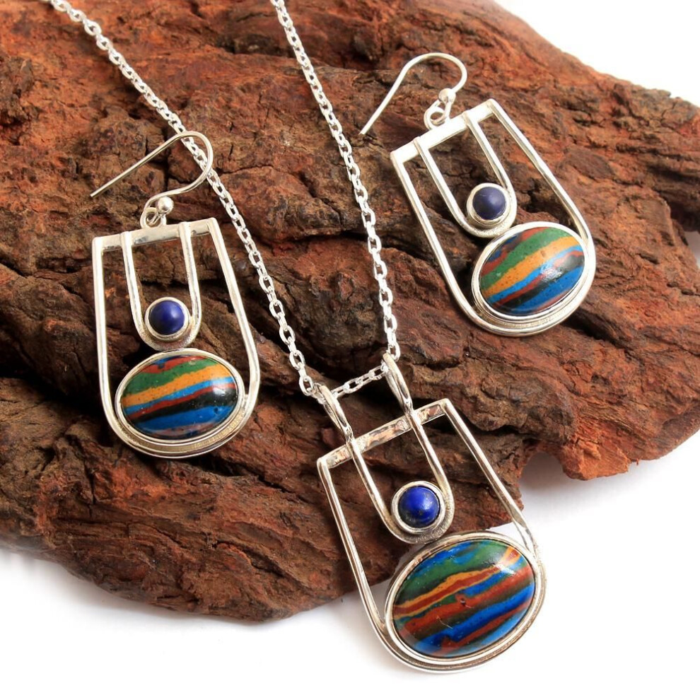 Women Jewelry Set, 925 Sterling Silver Handmade Jewelry, Rainbow Calsilica Set, Silver Women Necklace Set