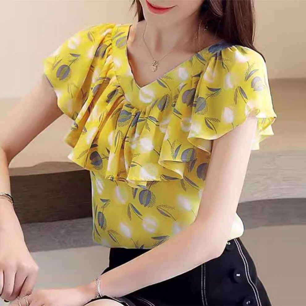 (L, yellow) ZANZEA Women Summer V-Neck Short Sleeve Floral Print Ruffle Blouses