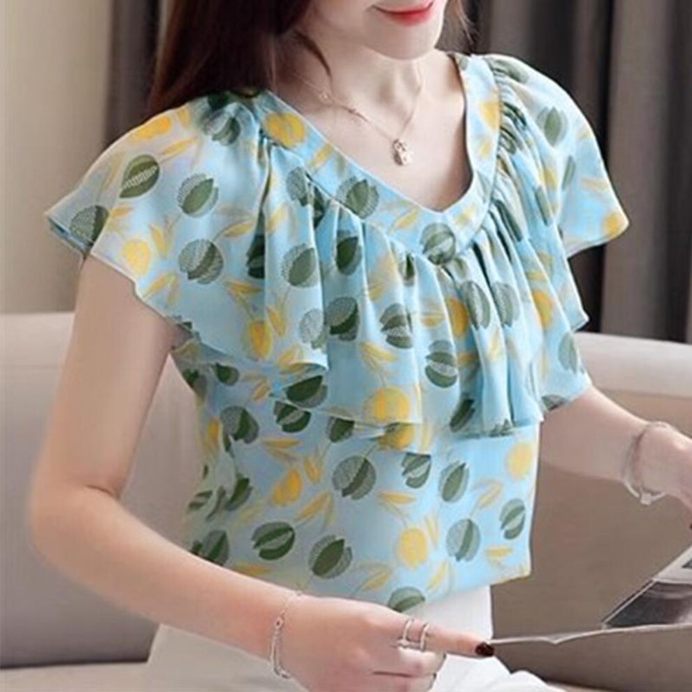 (S, blue) ZANZEA Women Summer V-Neck Short Sleeve Floral Print Ruffle Blouses