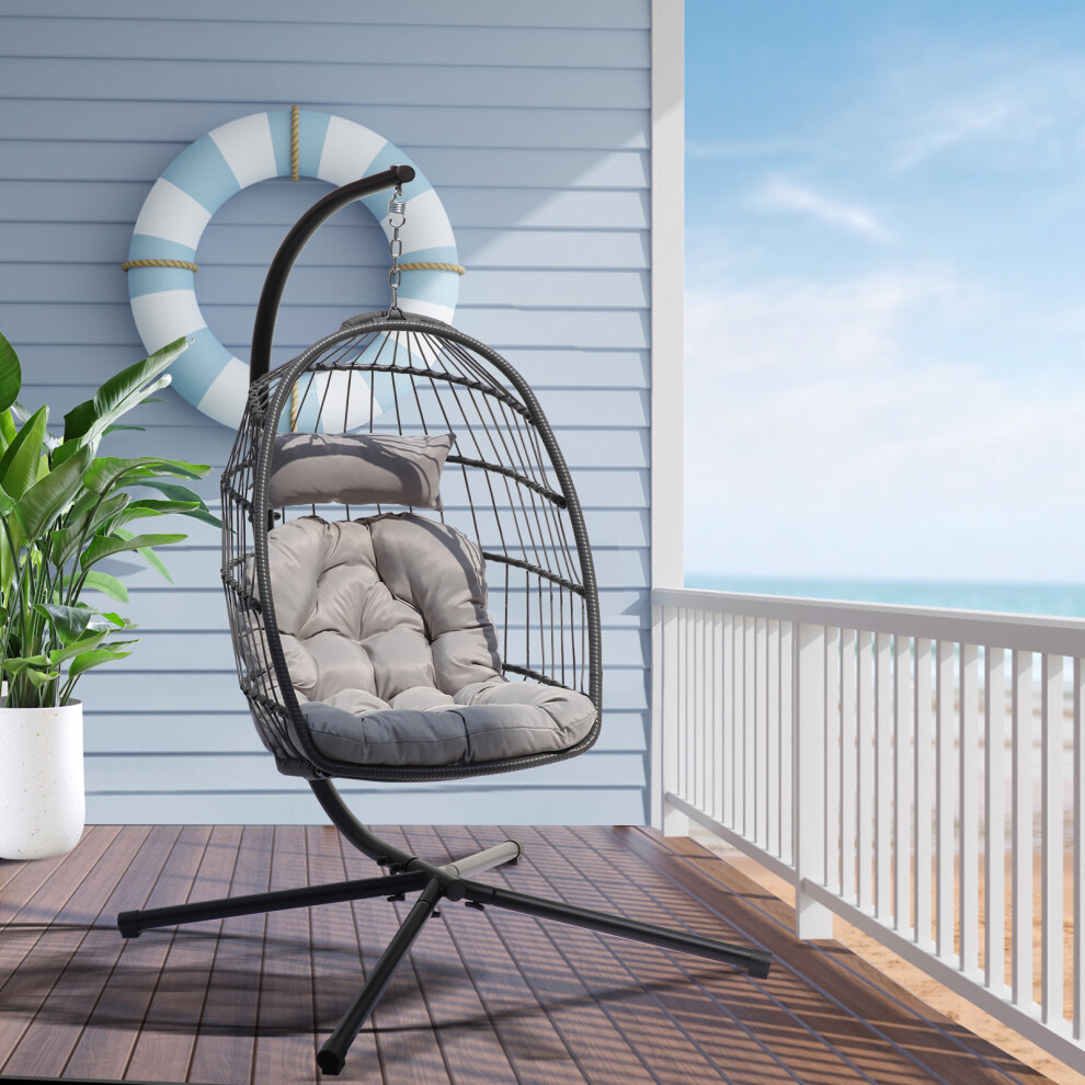 Foldable Rattan Hanging Egg Chair with Cushion Stand