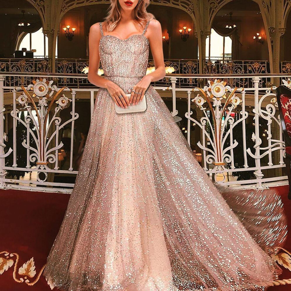 (gold, XXL) 2025 summer new women's clothing sexy suspender dress sleeveless mesh sprinkling gold wedding dress big swing dress