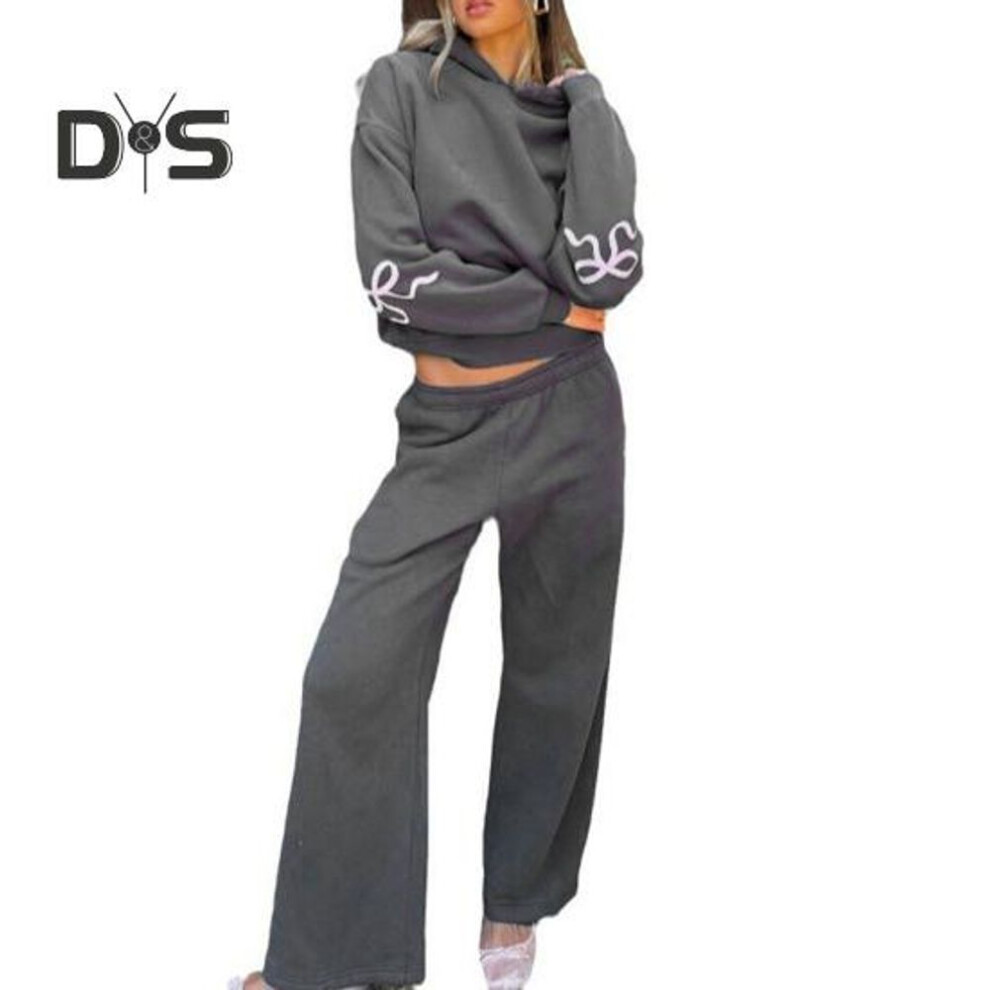 (dark gray, L) 2 Pcs/Set Women Hoodie Pants Suit Bow Printing Hooded Long Sleeves Top Wide Leg Adjustable Waist Trousers Sport Outfit Autumn Winter Tracksuit