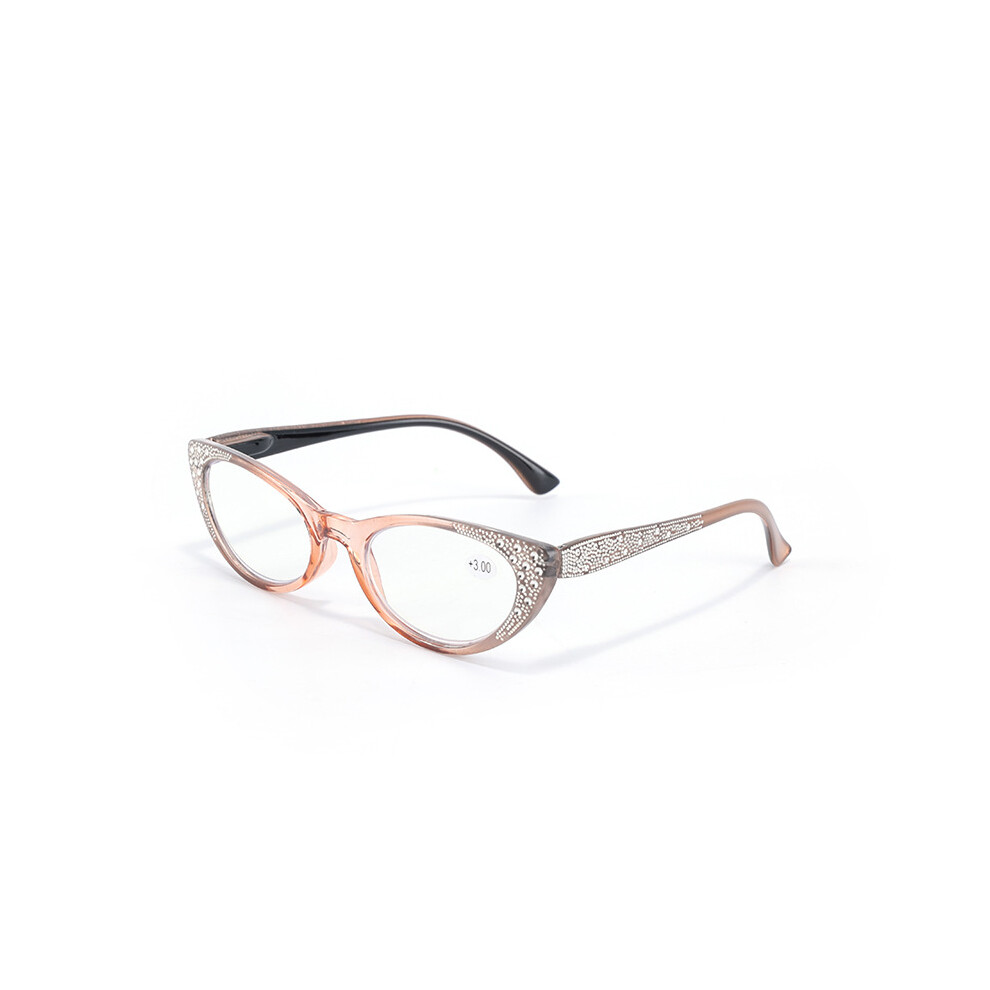 (+1.25, Brown) Bling Rhinestone Readers Womens Reading Glasses 0.75~3.5 Cat Eye