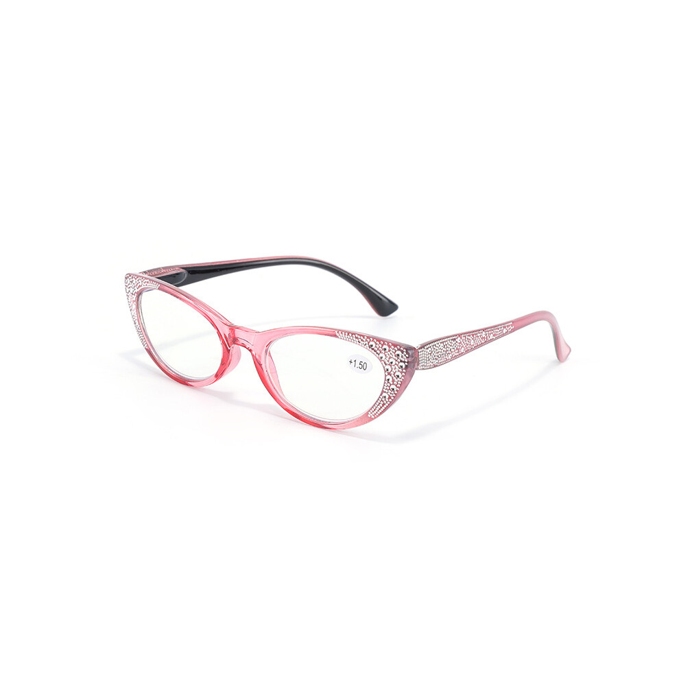 (+1.25, Pink) Bling Rhinestone Readers Womens Reading Glasses 0.75~3.5 Cat Eye
