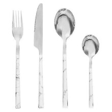 (As show, One size) High-quality Cutlery Set With White Marble Pattern - 24 Pieces Silver