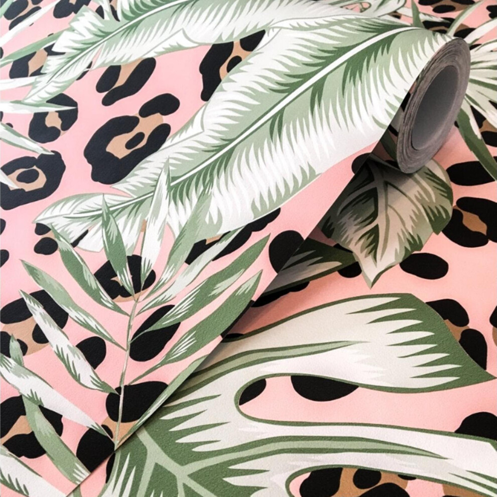 (Sample) Pink Tropical Leaf And Leopard Print Wallpaper With Metallic Gold Shimmer 5061083261547