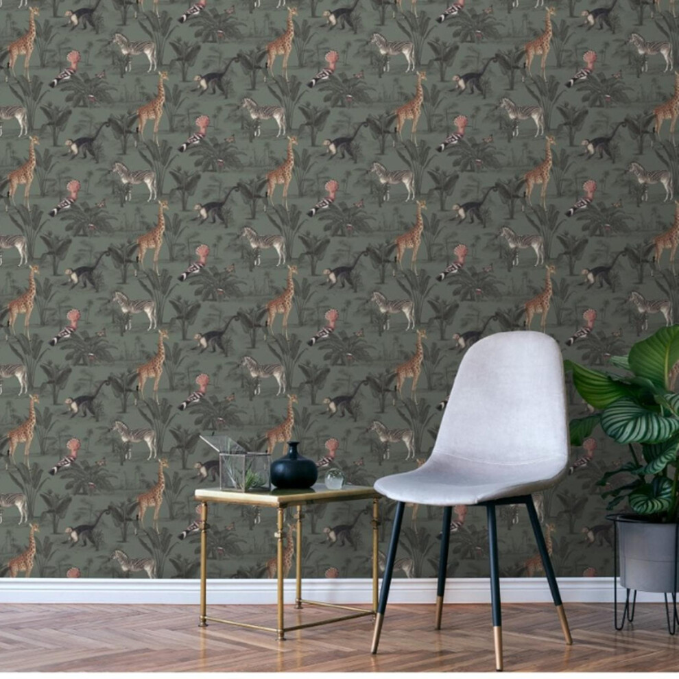 (Full Roll) Green Tropical Wallpaper With Safari Monkeys, Zebras, And Giraffe 5061083261516