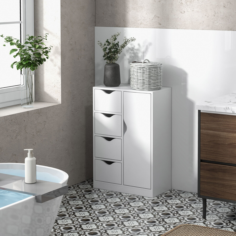 Homcom Freestanding Bathroom Cabinet With 4 Drawers And Door Cupboard White