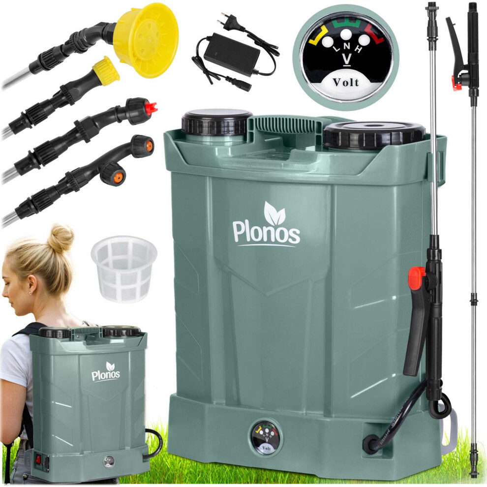 Plonos Spruzzatore A Pressione Spruzzatore Posteriore Capacità 16L Batteria 8Ah 12V 4 Ugelli Lancia Grigio-image