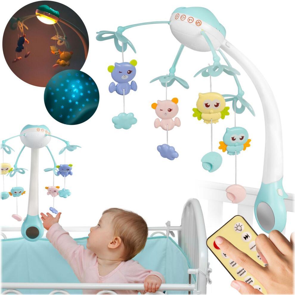 Ricokids Karosell Per Lettino Da Bambini, Blu Con Proiettore RK-813, Telecomando, Quattro Giocattoli Da Appendere, Led, 13 Melodie, Timer 10/20/30 Minuti, Tre Modalità Led-image