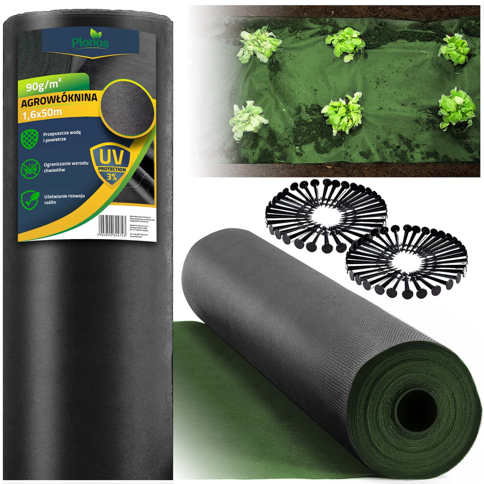 Plonos Tessuto Non Tessuto Per Erbacce Da Giardino, Permeabile All'acqua, Stabilizzazione Uv Su Entrambi I Lati, 90 G/M2, 1,6 X 50 M, Con 100 Ancore, Colore Nero E Verde-image