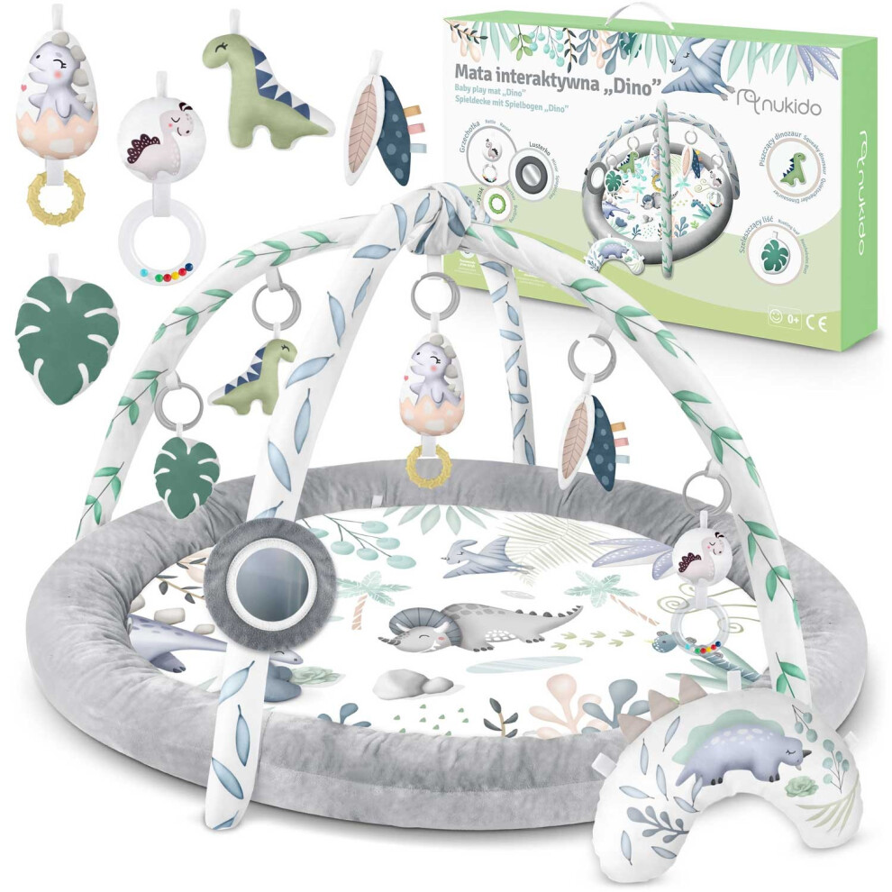 Nukido Arco Di Gioco Interattivo Per Bambini 5 In 1, Coperta Per Gattonare Per Bambini, Con Materasso, Paracolpi Con Cuscino Addominale, 2 Fogli Con 7 Giocattoli Sensoriali, 56 Cm, Grigio-image
