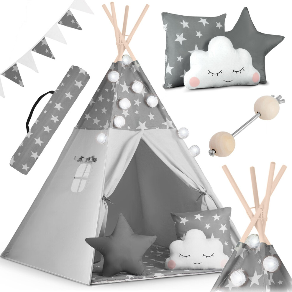 Nukido Tenda Per Bambini Tipi In Cotone, Cornice In Legno, Design Incantevole, Facile Da Pulire, 120 X 120 X 165 Cm, Ghirlande Di Luci Grigie, 740020, Grigio Con Stelle, Ghirlande-image