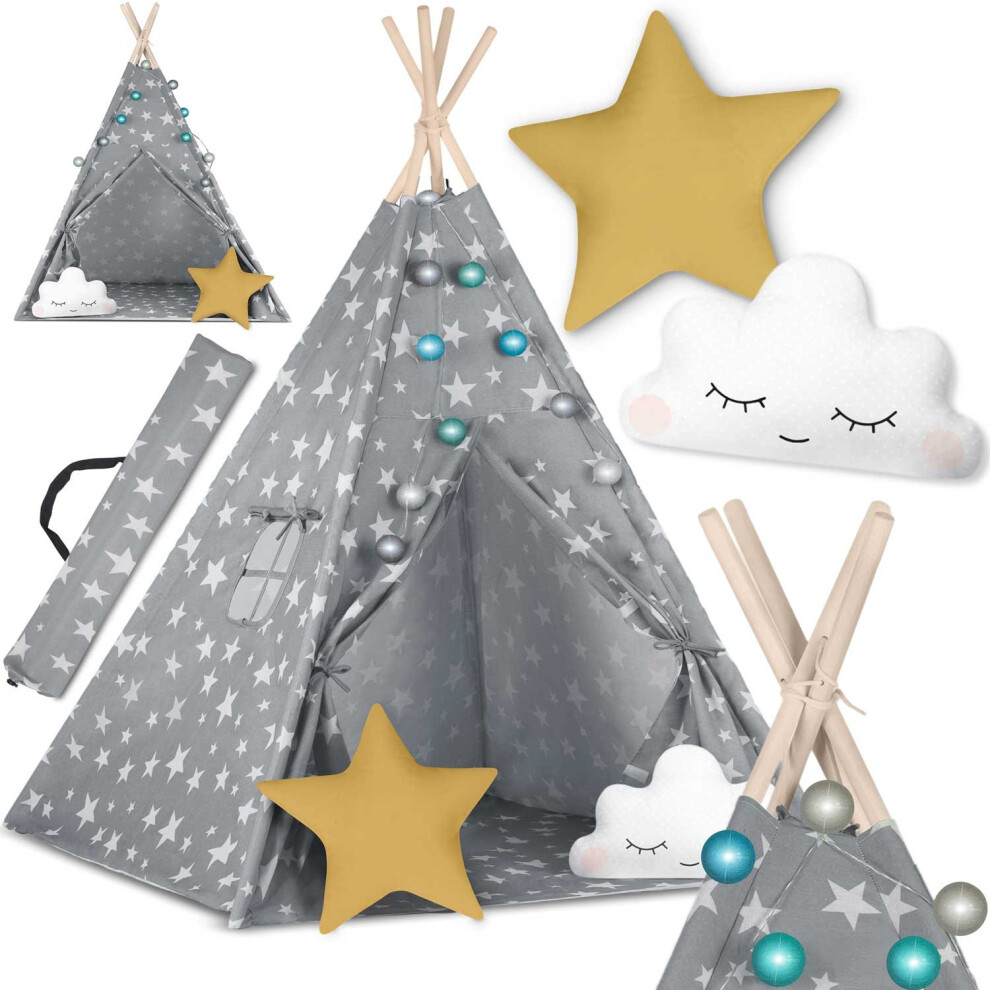 Nukido Tenda Per Bambini Tipi In Cotone, Cornice In Legno, Design Incantevole, Facile Da Pulire, 120 X 120 X 165 Cm, Luci Grigie Con Stelle, 740120-image