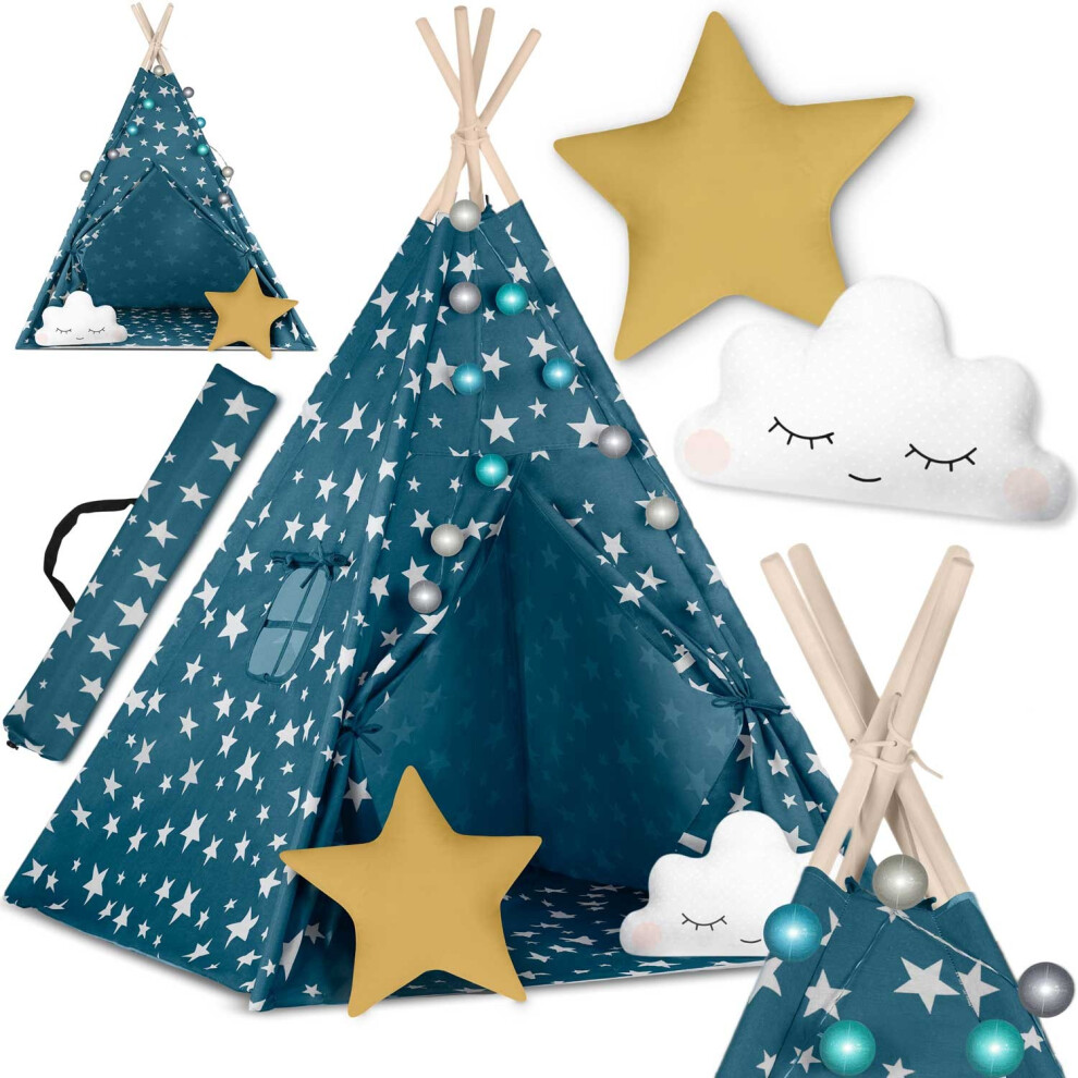 Nukido Tenda Per Bambini Tipi In Cotone, Struttura In Legno, Design Incantevole, Facile Da Pulire, 120 X 120 X 165 Cm, Luci Blu, 740121-image