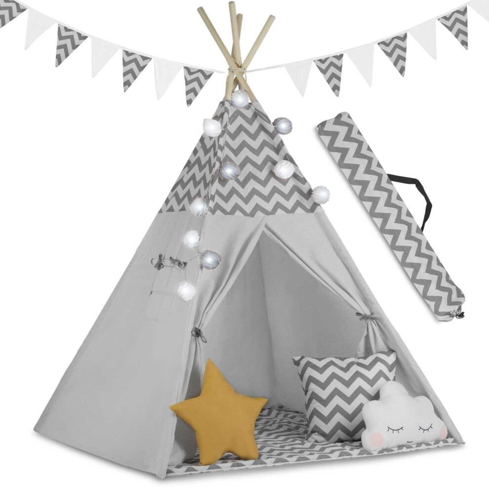 Nukido Tipi Tenda Per Bambini In Cotone – Giocattoli Per Interni Ed Esterni – Finestra Due Cuscini – Tappetino Isolante – Lampada Led – Tenda Indiana In Legno Di Pioppo, 120 X 120 X 165 Cm, Grigio-image