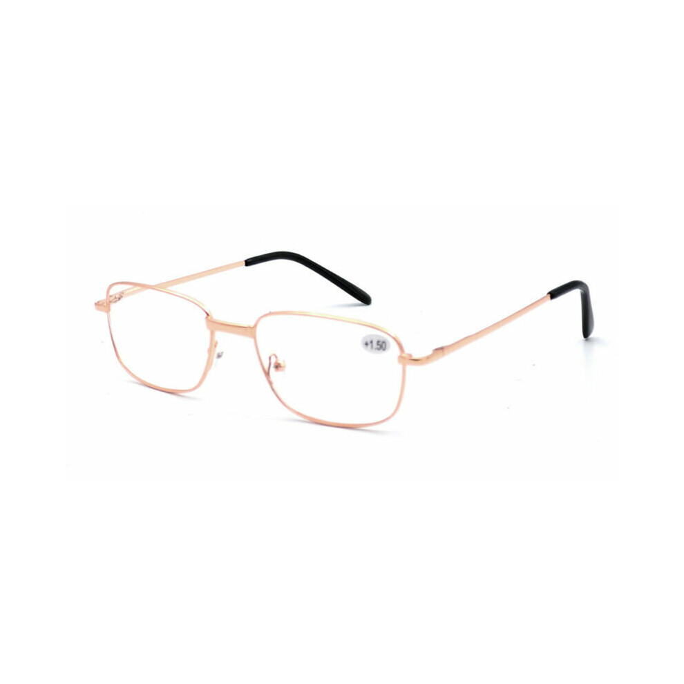 Gold (Rose +3.0) Mens Spring Hinges Rectangle Reading Glasses Readers +1.0 To +3.5