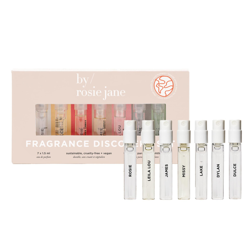By Rosie Jane Discovery Perfume Set - 7 Piece Travel Size Perfume Set - Gift Set Includes Scents Missy  Dulce  Leila Lou  James  Lake and Dylan - Clea