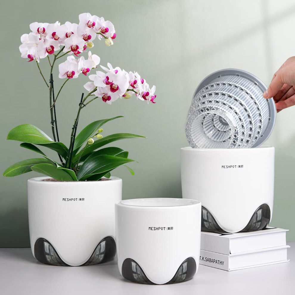 Meshpot 5 inch Orchid Pots with Holes Set of 3 Double Layer Plastic Imitate Ceramic Orchid Planter Provide Good Air Circulation Clear Orchid Pot Match