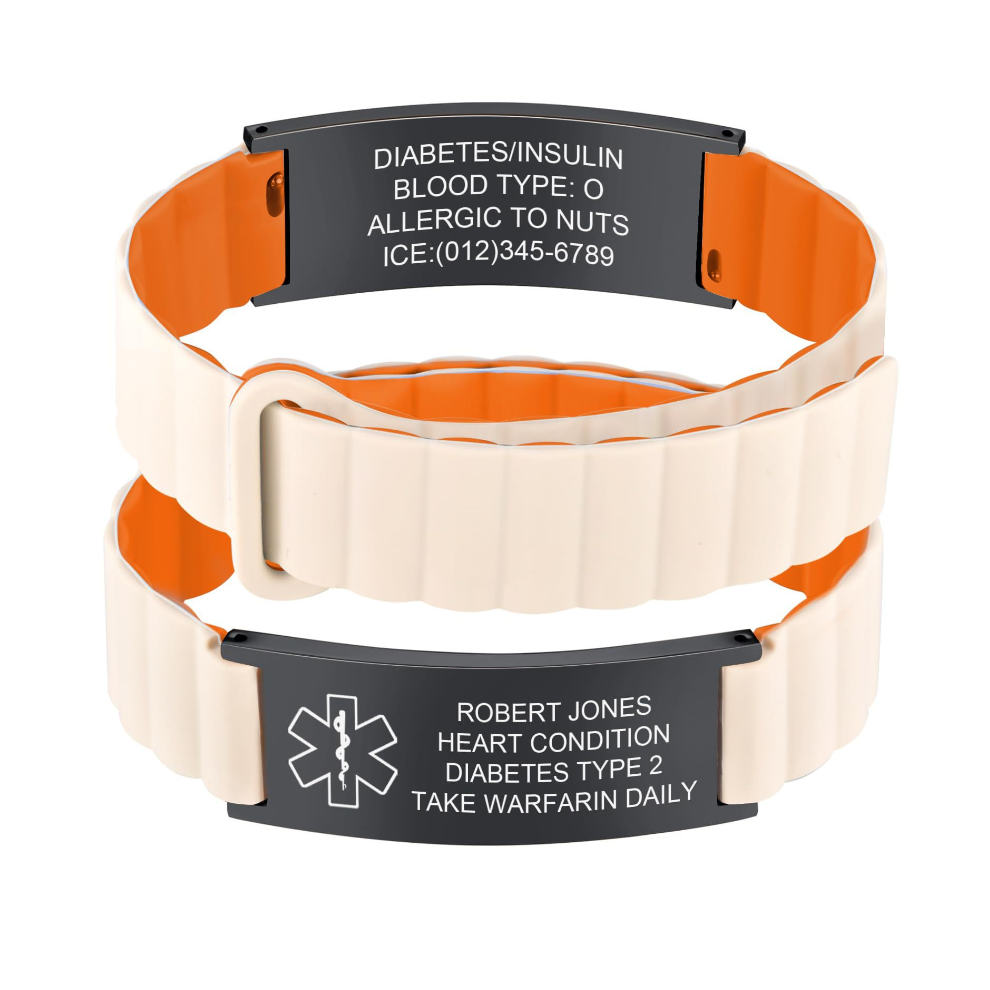(Black + Beige) Personalised Medical Alert Engraved Bracelet Strap for Men Womens ID（Please leave a message for the information that needs to be carve-image-OPC-PHBGX9N-NEW