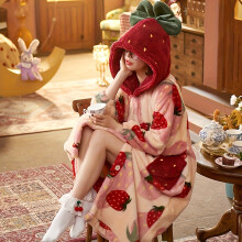 (Strawberry) [Coral Fleece Bathrobe] Cozy Coral Fleece Women's Bathrobe | Padded Thermal Hooded Nightgown with Pockets, Machine Washable Plush Robe